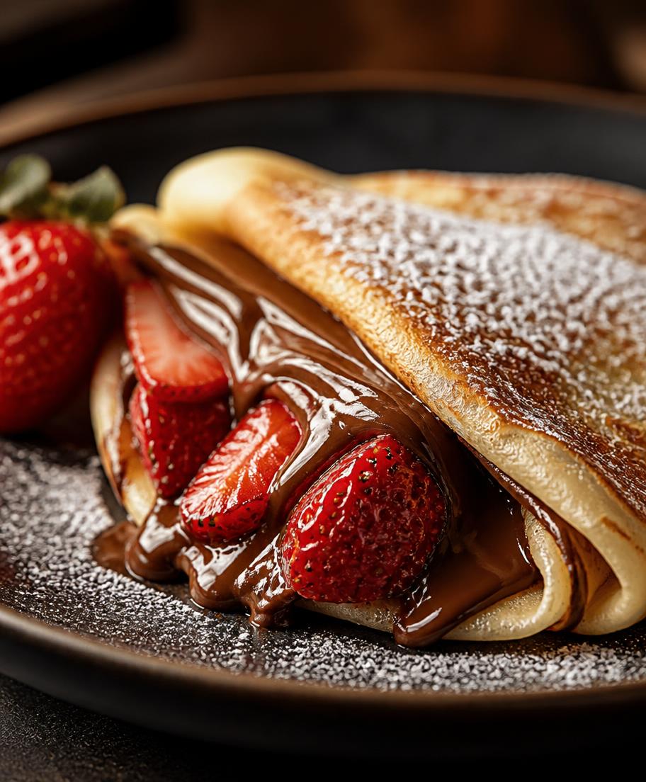 Crepe francês doce com chocolate e morango
